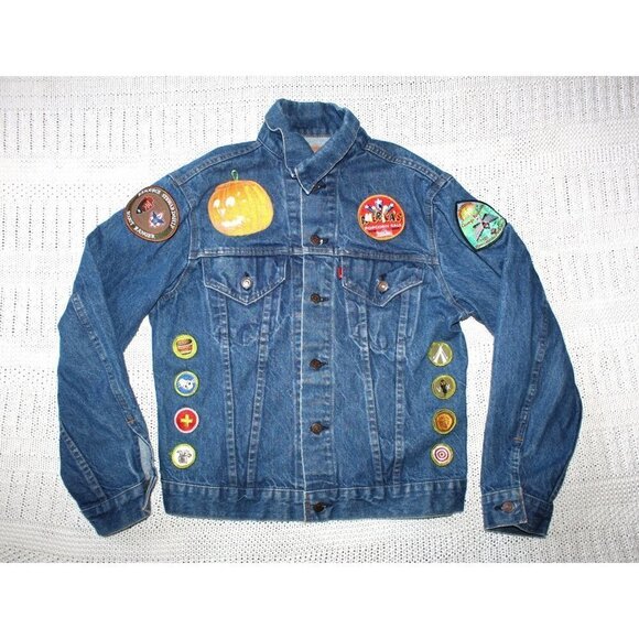 Vintage Levi's Boys scouts Patches Denim Jacket Size 40 Kids Cotton Made In USA - Picture 1 of 15